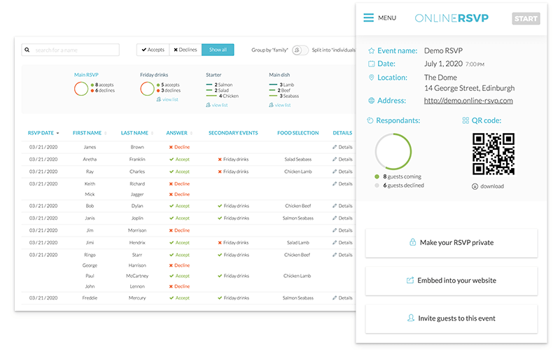 Track guest list and RSVPs on our Dashboard