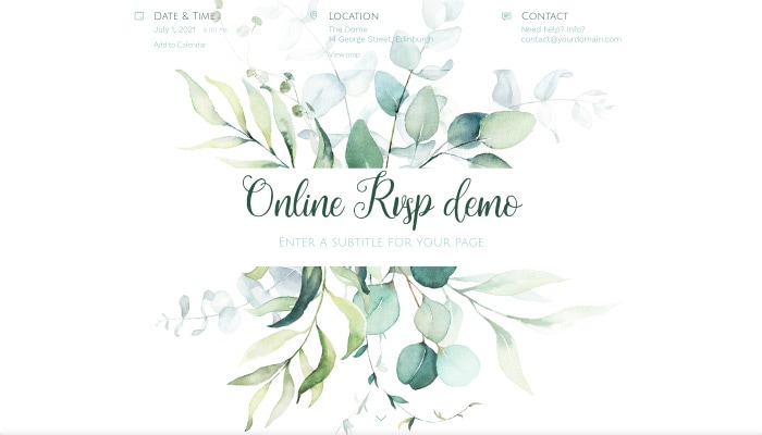 Beautiful RSVP website, with elegant Olive & Eucalyptus watercolor