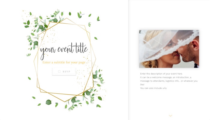 Beautiful Wedding RSVP website with geometric frame & leaves